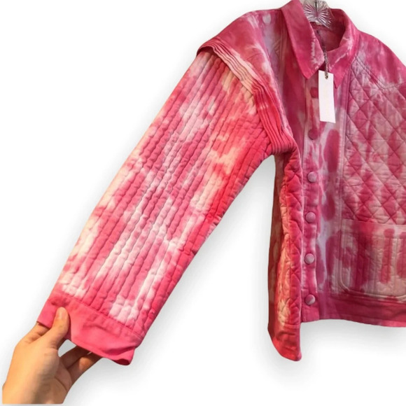 LoveShackFancy Adelade Pink Tie Dye Bohemian Preppy Button Down Denim Jacket - Picture 6 of 12